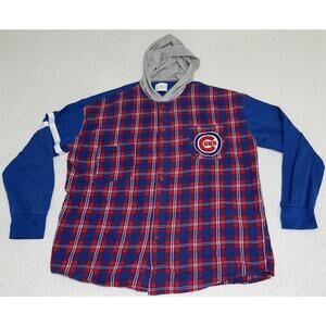 Chicago Cubs - Men’s Flannel Shirt plaid blue Size XL Button Up Hoodie Back Hit